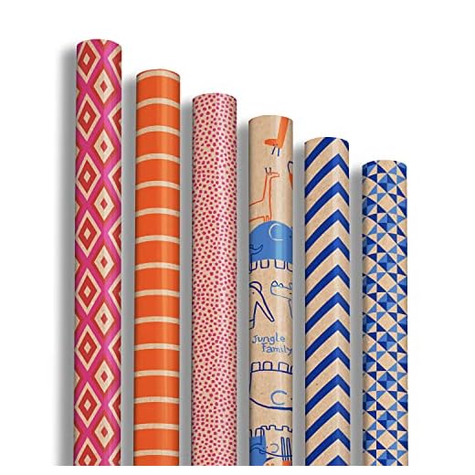 Clairefontaine 223699AMZC – 12 rollos de papel de regalo – Papel kraft virgen de 60 g – Dimensiones: 2 x 0,70 m – Diseño: kraft, geométrico, azul, naranja, rosa – Embalaje de regalo