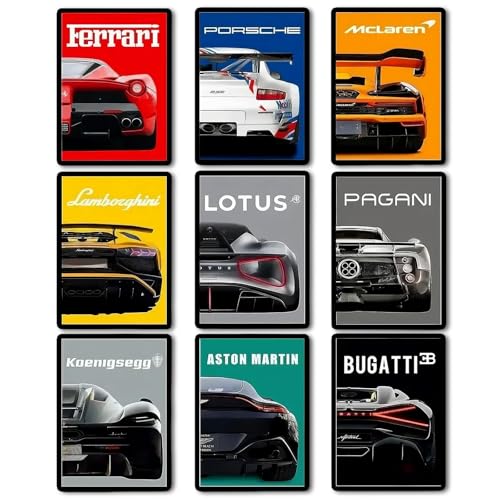 9 Stück Auto Posters, Supercar Poster, Supersportwagen Wall Art für Jungen und Männer, Schlafzimmer, Rennwagen-Wandkunst für Büro Wohnzimmer, Wohnzimmer, Geschenk für Autoliebhaber, Jugendliche