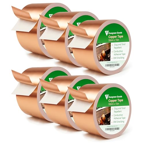 EVG Copper Slug Tape | Adhesive Copper Slug Snail Repellent | Pest Deterrent Barrier Tape | Humane Pest Control | Gardens and Plants Protection (6 Rolls, 50mm x 15m)