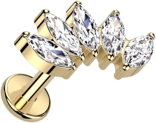 Pierced Owl 16GA F136 Implant Grade Titanium Internally Threaded 5 CZ Crystal Marquise Fan Top Labret Stud