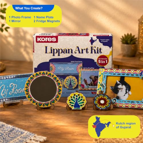 Image of Kores Lippan Art Kit for Kids | DIY Indian Art & Craft Kit | 5-in-1 Creative Kit with Photo Frame, Mirror, Name Plate & Fridge Magnets | Acrylic Colours, 3D Liner, Sequins, Brushes & Manual | Age 8-99