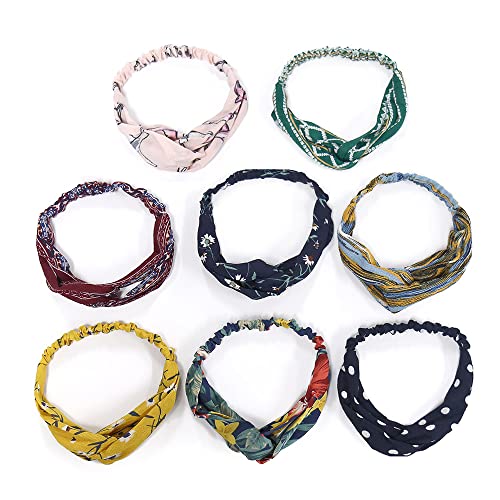 Product Image of the HAEGANG 8 Pack Boho Headbands for Women No Slip Fashion Knotted Headband for Washing Face Hair Accessories for Girls Workout Thin Cute Floral Criss Cross Hair Bands Head Wraps & Gift Storage Bag
