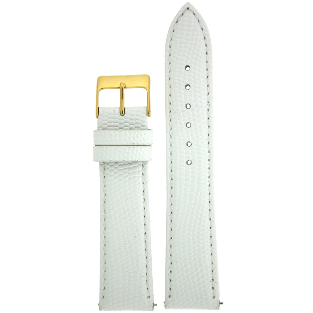 Tech Swiss 16mm Watch Band Genuine Leather Lizard Grain White Quick Release Built-in Pins Gold-Tone Buckle
