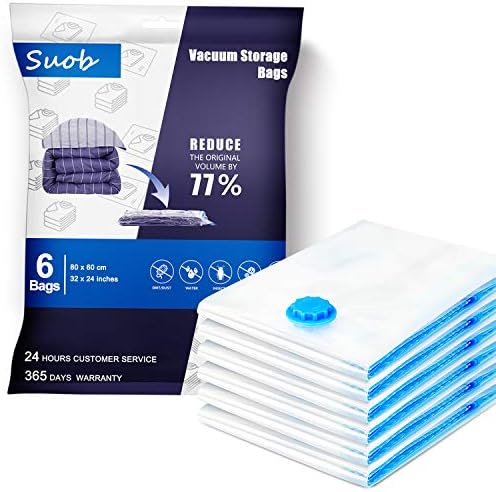 Suob 6 Pack Vacuum Storage Bags, 80 x 60cm Double Zip Seal Reusable for Bedding, Double Duvet, Pillows, Mattress, Quilt, Clothes, Sweaters, Dress, Coats, Curtains, Blankets