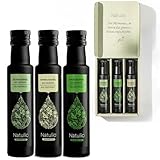 Natulio Geschenkset Bio Kräuter Trio kaltgepresst - Geschenkidee - das perfekte Geschenk für alle Feinschmecker - Geschenkset aus Basilikumöl, Knoblauchöl & Rosmarinöl - 3x100ml -DE-ÖKO-006