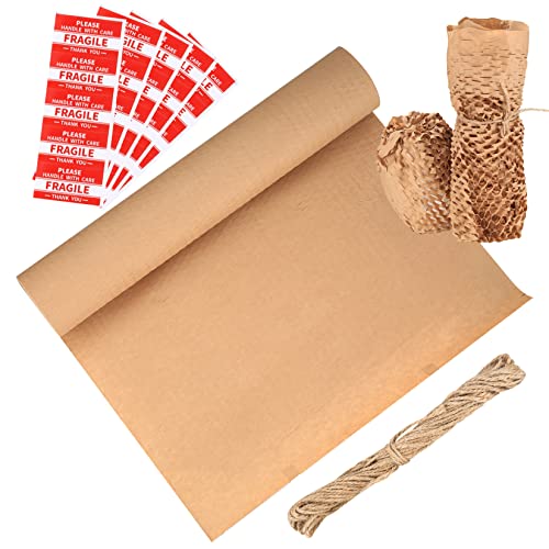 Papel de embalaje de panal para mudanzas (15 x 15 pies), rollo de papel de embalaje de panal protector con cuerda de cáñamo de 20 m y 20 pegatinas frágiles para mudanzas