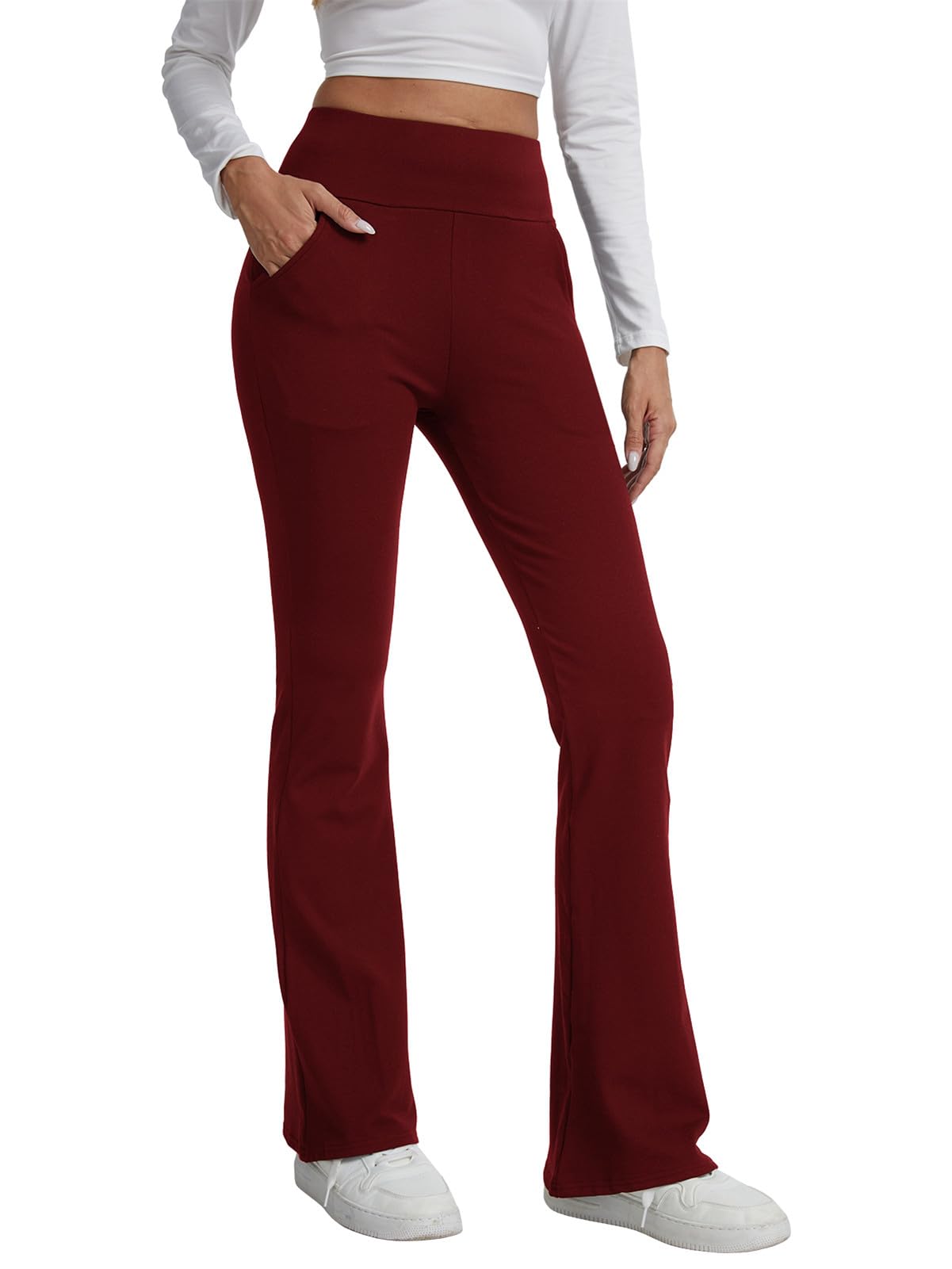 TMEOG Fleece Flared Leggings Damen mit Taschen Schlaghose Bauchkontrolle | Yogahose Hohe Taille Sporthose Thermo Gefütterte für Yoga Gym Sport