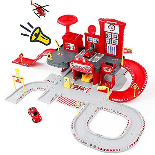 Nuheby Garage Macchine per Bambini 3 4 5 6 Anni, Camion Giocattoli Pompieri Parcheggio Auto Giocattolo Pista Macchinine Regalo Ragazza Ragazzo - 72 Pezzi