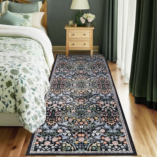 Runner Rug for Entryway: 2x6 Kitchen Rugs Non Slip Washable Ultra-Thin Soft Floral Carpet Indoor Stain Resistant Carpets for Hallway Bedroom Kitchen Laundry Bathroom Dorm Dark Black