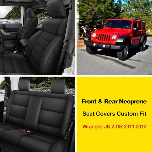 Image of GIANT PANDA Neoprene Seat Covers for Jeep Wrangler JK 2-Door (2011-2012), Neoprene UV&Waterproof, Foam Padded, Front & Rear Seat Covers(Black)