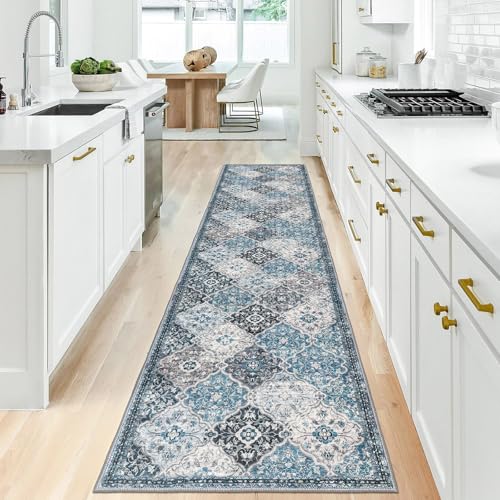 KILOCOCO 2x10 Runner Rug, Moroccan Super Soft Washable Hallway Entryway Runner Rug, Accent Print Faux Wool Kitchen Runner Non-Slip Boho Carpet for Laundry Room Bedroom, Blue/Multi