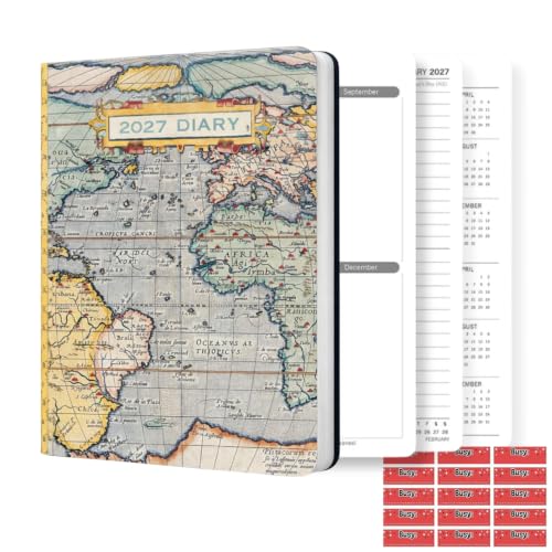 Image of TGSC Antique Maps 2027 A5 Diary with Organisational Stickers, Week to View Hardback Planner, Journal Notebook with Ribbon Marker for Men and Women, 160 Pages, 217 x 153mm