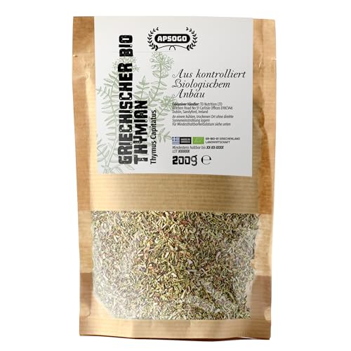 Apsogo Thymian - Getrockneter Bio Thymian aus Griechenland - Premium Qualität & ausgezeichneter Geschmack, als Gewürz oder Thymiantee (200g)