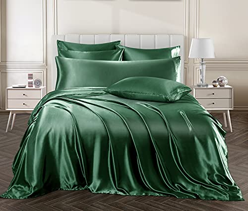 Image of Ersmak 7 Pieces Satin Sheets Set Queen Size, Luxury Silky Emerald Green Satin Bed Sheets Set with 1 Deep Pocket Fitted Sheet, 1 Soft Flat Sheet, 4 Queen Pillowcases and 1 Body Pillowcase