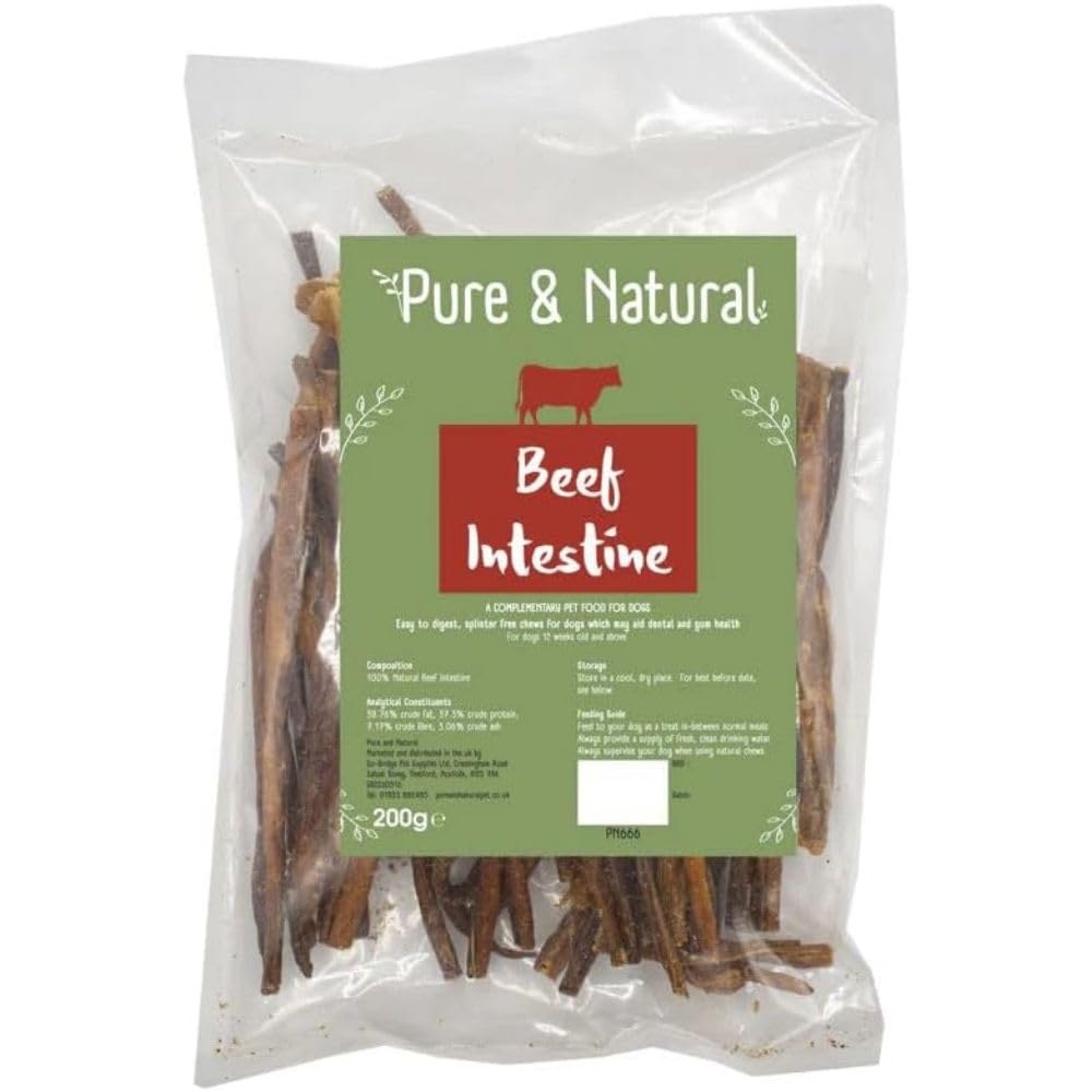 Pure & Natural Beef Intestine for Dogs 15cm - High Protein, Hypoallergenic Dog Treats & 100% Natural Dog Chews for Puppies 12 Weeks and Up - 200g Bag