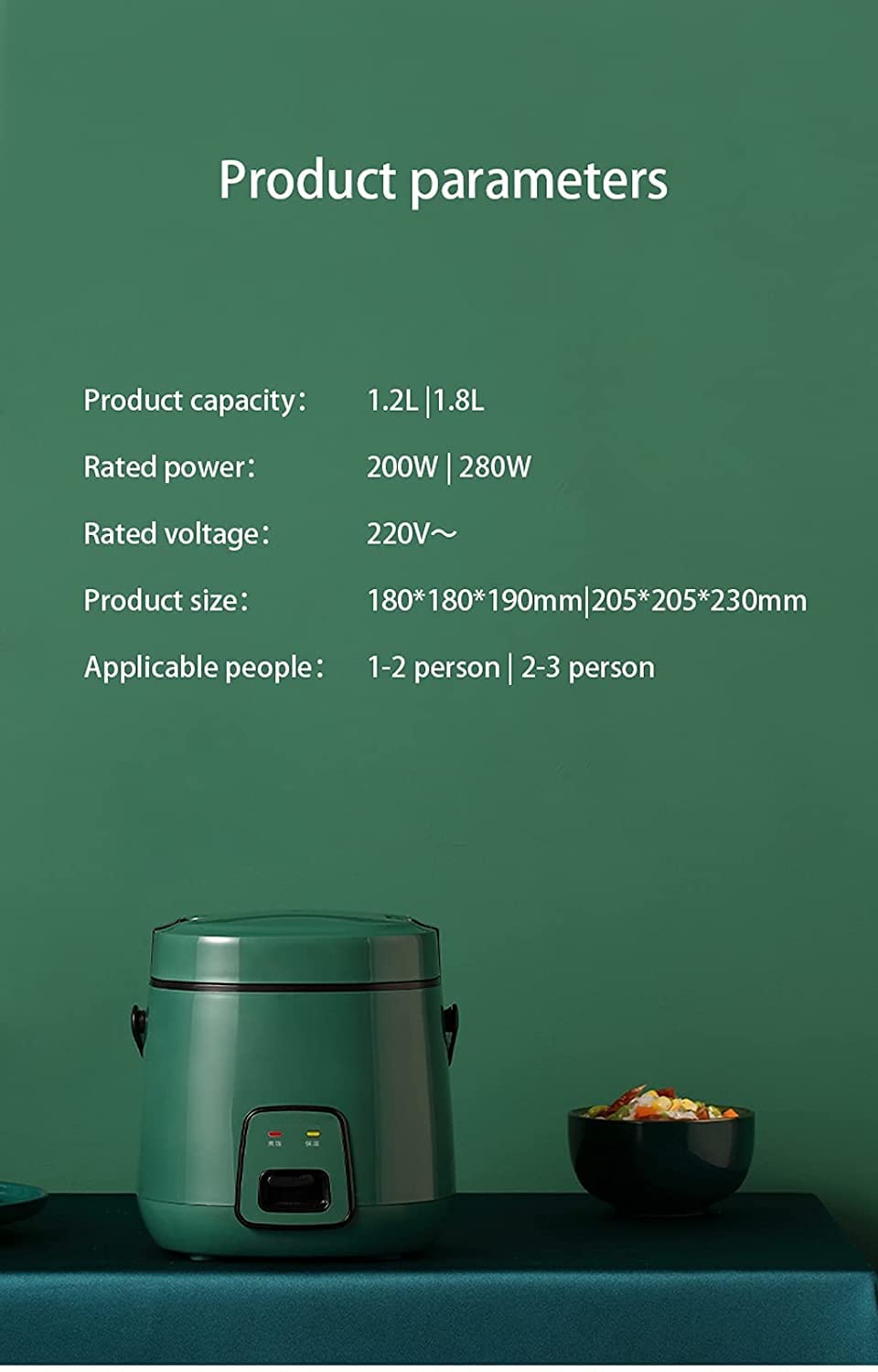 Mini cuociriso Elettrico con Manico Portatile Cuociriso Verde retrò Completamente Automatico con pentola per Riso Antiaderente Rimovibile, 1,2 Litri