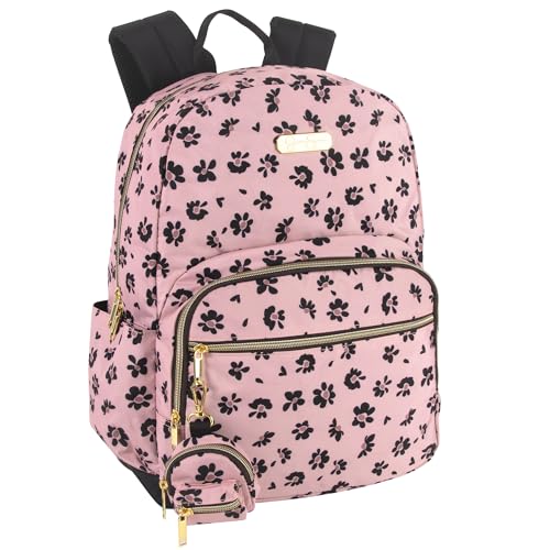 Jessica Simpson Women’s Designer Laptop Backpack with Side Pockets, Wallet | 2 Piece Backpack Change Purse Set for Women (Pink & Black Bouquets), Large