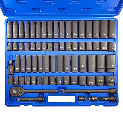 GOSWIFT 70pcs 1/2 Drive Impact Socket Set Cr-V Steel SAE & Metric Standard/Deep Sockets with 72 Teeth Ratchet Handle Extension Bar and Adapters