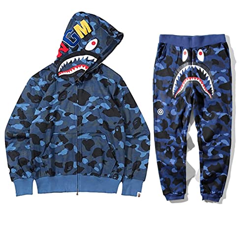 Baonmy Bape Hoodie Shark Camo Full Zip Jackets &Pant Camo Shark Hoodies For Men And Women Ape Sweatshirt Suit (Small, Blue)