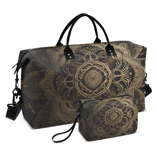 Large Travel Duffel Bag, Gold Black Mandala Sports Tote Gym Bag, Shoulder Weekender Overnight Bag for Women Men, Carry On Luggage with Toiletry Bags