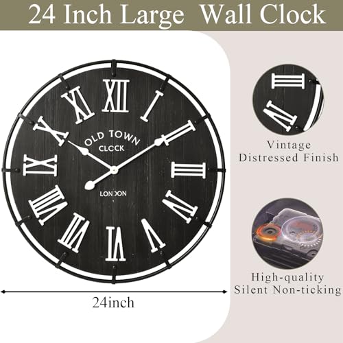 Image of EMAX HOME 24 Inch Vintage London Style Wall Clock, Black Wood Grain Background with White Roman Numerals, Rustic Metal Frame, Silent Non-Ticking Clock for Fireplace Mantel, Entryway, or Dining Area.