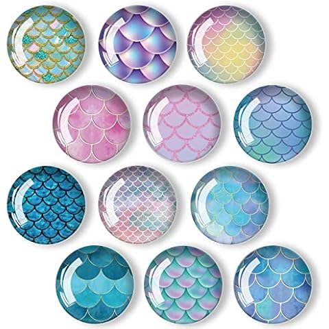 Bamsod 12 PCS Glass Strong Refrigerator Magnets,Pattern Magnets Whiteboard Magnets Glass Fridge Magnets for Office Cabinets Round Fridge Stickers Home Kitchen Decor (Mermaid) Cover