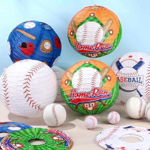 Image of VIHOSE 12 Pieces Baseball Paper Lanterns Sports Party Decorations Baseball Hanging Lanterns Round Paper Lamp for Sport Themed Birthday Party Bar Softball Game