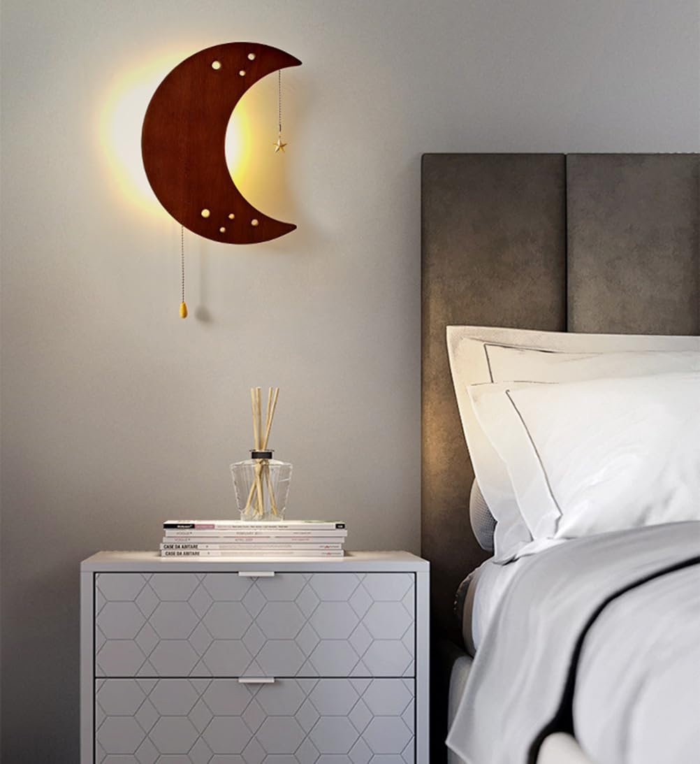 EaEa LED Mondlampe Wand Kinderzimmer Wandlampe mit Schalter, USB/Batteriebetrieb Wandleuchte Kinder Holz, 5W 3000K, Junge Mä