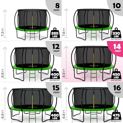 Image of JoyBerri Upsurge Trampoline Outdoor - ASTM Certified Safe 8Ft 10Ft 12Ft 14Ft 15Ft 16Ft Recreational Trampoline for Kids and Adults. Anti-Rust Coating with Enclosure Net, Ladder, Sprinkler & LED Lights