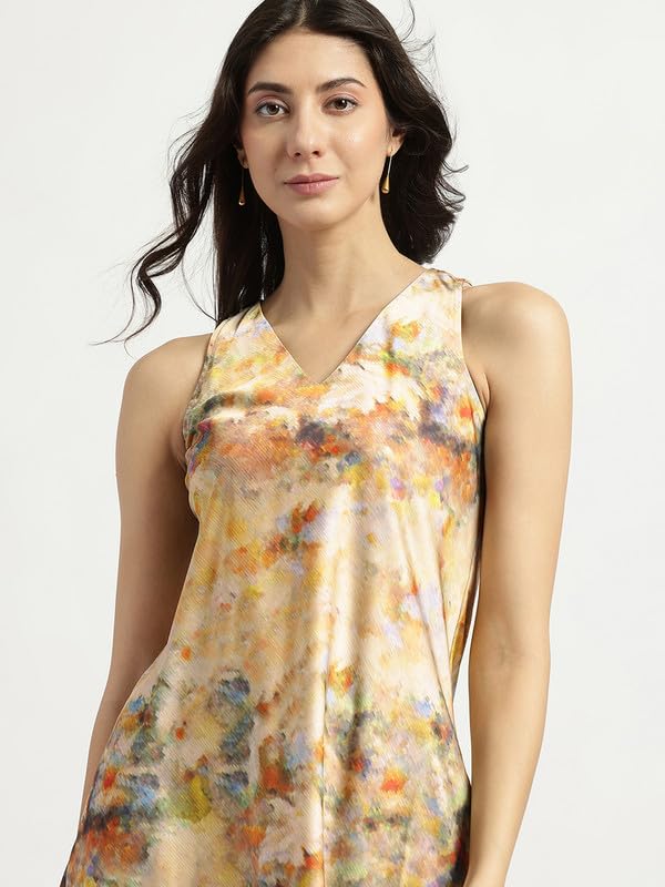 Image of FableStreet Women Party Dress | Elegant A-Line Fit Midi Length V-Neck Sleeveless | Lustrous Satin Fabric for Evening Gatherings & Celebrations