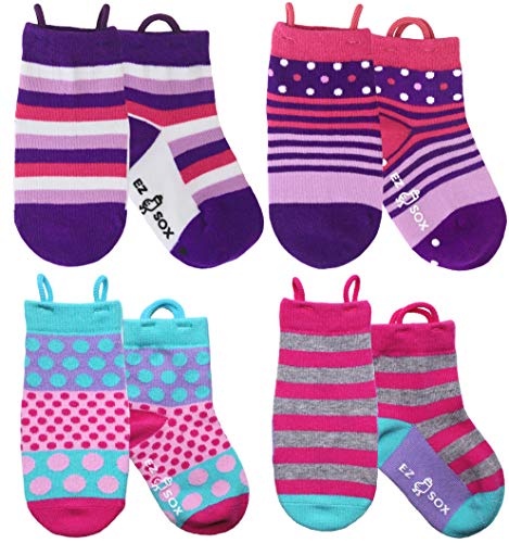 Girls Socks with Easy Pull Loops (3-5 yrs, Purple & Pink Polkadots-Stripes)