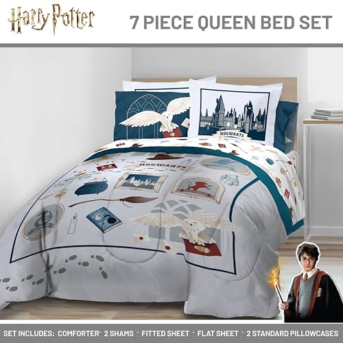 Image of Harry Potter Queen Comforter Set 7 Piece Soft Hogwarts Bedding, Grey | Hedwig, Bed in a Bag, Comforter Sheets Shams Pillowcases, Official Product, Soft Microfiber, Machine Washable, Kids Gift