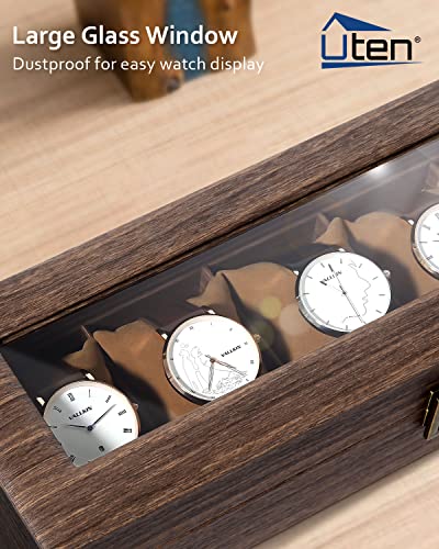 Image of Uten Watch Box 6 Slots with Glass Lid, Wood Grain PU Leather | Watch Storage Organizer, Imitation Suede Pillows, Metal Clasp, fits Watch Size up to 55mm, Gift Idea