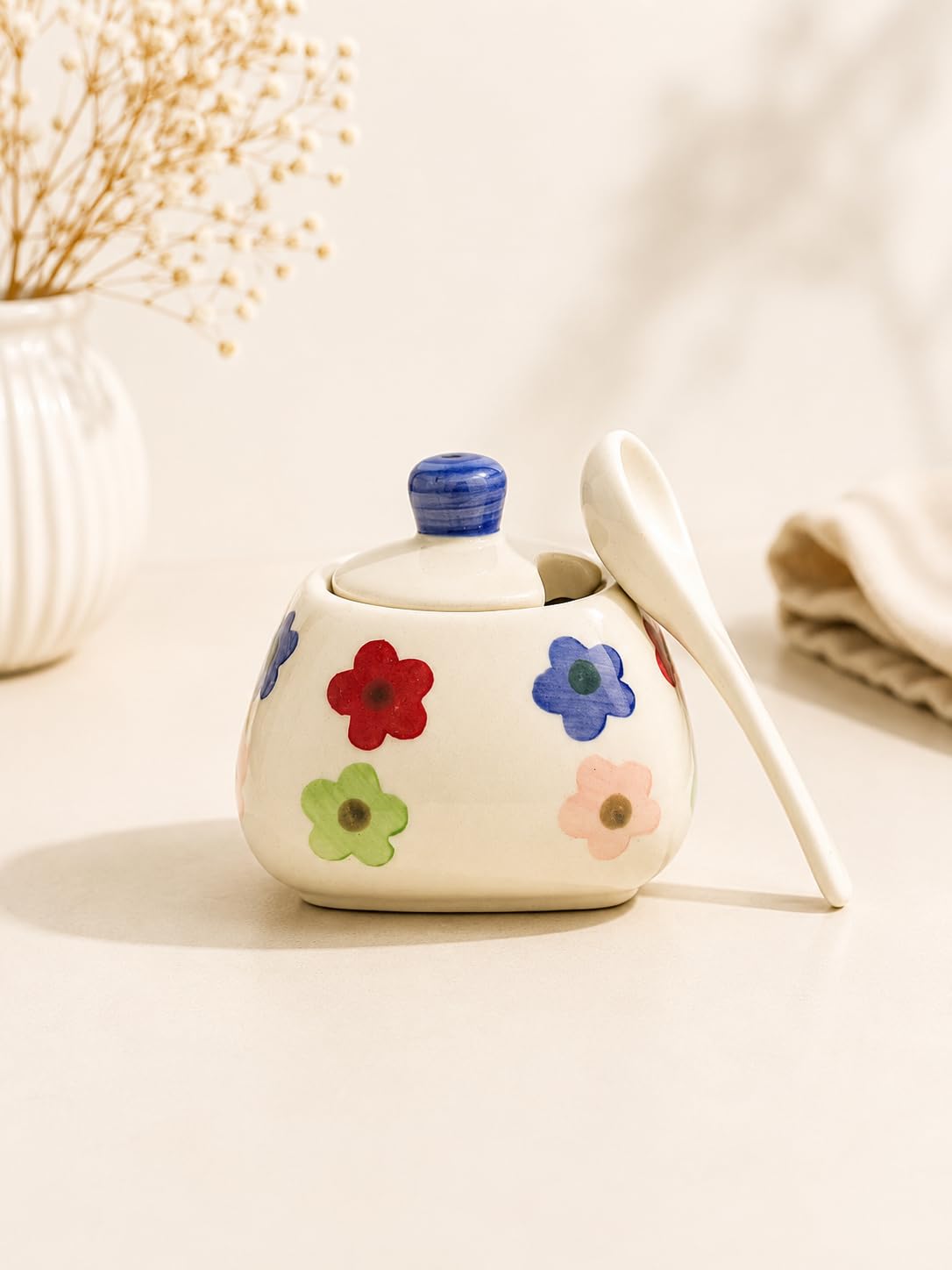 Multi-Purpose Jar With Spoon and Lid for Sugar, Salt, Spices & Pickle | Aesthetic Ceramic Storage Jar Set of 1 | Sugar, Salt, Spices & Pickle jar for dining table with spoon (Blue)-image-30
