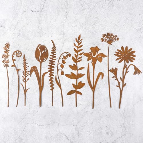 Otoolling 10pcs Rusty Metal Flowers and Plants, Rusty Rustic Metal Flowers Signs for Outside Yard Art for Yard Arrangement Decorative Garden Stakes Potted Plants Walkway and Flower Garden