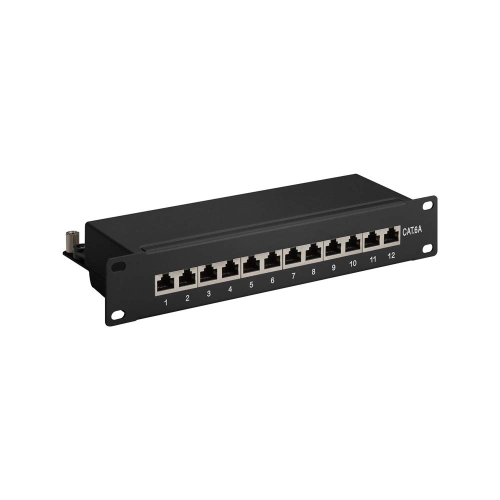 Goobay 93796 CAT 6A Patch Panel – 12 Ports, 1HE, 10 Zoll, STP, Metallgehäuse, LSA-Montage, Rackeinbau, Schwarz