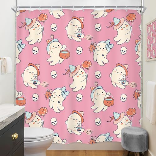 Image of Pink Halloween Shower Curtain Funny Ghost Cute Skull Pumpkin Bathroom Decor | 72 X 72 Inches Halloween Home Decor Fabric Polyester Waterproof 12 Pack Hooks