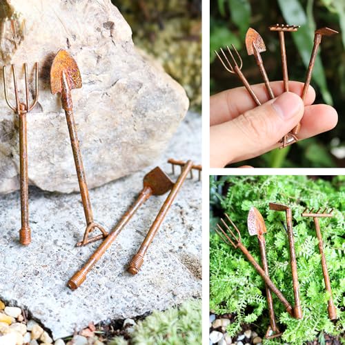 Miniature Metal Fairy Garden Accessories Rusty Ornaments Vintage Decoration Mini Arch Gate Birdcage Bird House Pick Fence Lamp (4pcs Garden Tools)