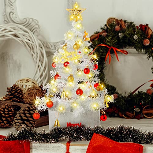 Becoyou Weihnachtsbaum Künstlich Klein 60cm, Led Mini Tannenbaum Deko Mit Beleuchtung Weißer Kunsttannenbaum Für Tisch, Büro Mit Weihnachtsbaum Baumschürze und Weihnachtsschmuck Cover