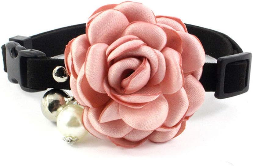 Everflowering Rose Flower Cat Dog Collar Bow Tie - Suede Puppy Necklace with Bell - Chihuahua Yorkie Girl Clothes Costume Outfits Accessory, Adjustable and Handmade (Pink, Size XS)