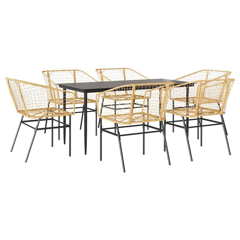 Set da 7 pezzi da giardino con polyrattan marrone e tavolo in vetro, composto da 6 sedie con braccioli e un tavolo, telaio in acciaio verniciato a polvere, robusto