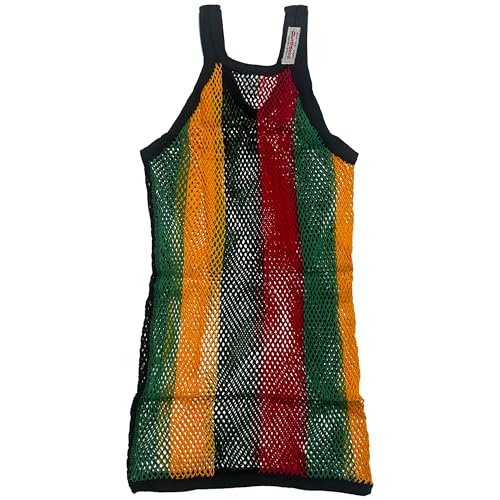 Pendeen Original English Mesh String Vest, Cotton Fishnet Tank Top, Black Red Green Gold Rasta Stripes, Medium2