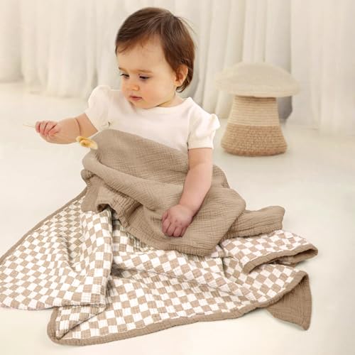 Image of lulumoon Muslin Baby Blanket Neutral: Cotton Toddler Blanket for Daycare | Reversible Cotton Crib Blanket for Daycare - Breathable Baby Swaddle for Stroller & Travel, 47x47in (Mocha Checkered)