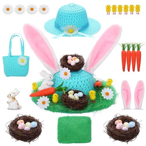 Cuercary Easter Bonnet Kit Bonnet Decorations for Easter Family DIY Activity Hat Bag Decoration Set Accessories with Bunny Ear Chicks Flowers Carrots(Blue)