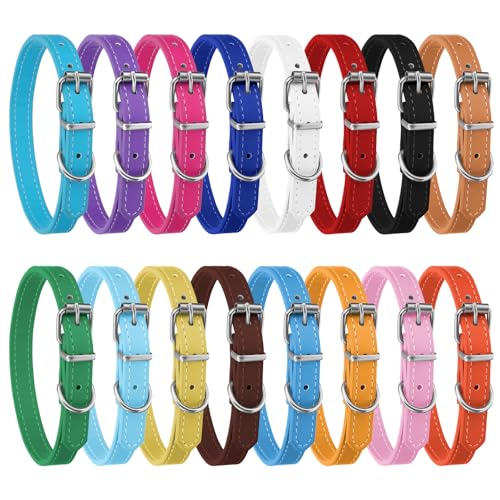 HJZHII 16 Pcs Puppy Leather Collars for Litter, 16 Color ID Classification Recognition Puppy Collar with Safety Buckle, Soft Adjustable Dog Collars for Small Dogs for Neck 9.5~12.5 Inch
