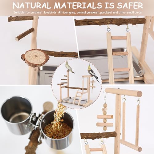 Honicemar Bird Play Stand, Wooden Parrot Stand Bird Playground with Climbing Ladder, Swing, Training Stand Pole, Feeder Cup - Image 4