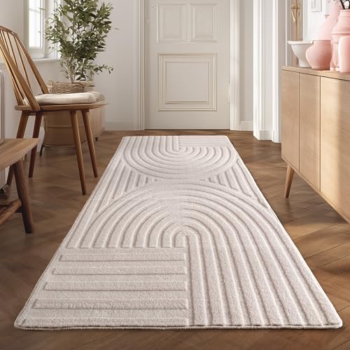 Teppium Boho Teppich Läufer 80 x 150 cm Creme – Waschbar & Pflegeleicht – Weicher Skandinavischer Deko Teppich mit 3D-Effekt – Ideal für Flur, Küche oder Schlafzimmer