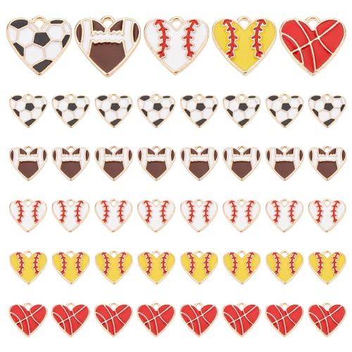 PH PandaHall 50pcs 5 Styles Sports Charms Enamel Heart Ball Pendants Gold Sports Charms Ball Game Baseball Football Basketball Pendants for Necklaces Bracelets Earrings DIY Crafts Making