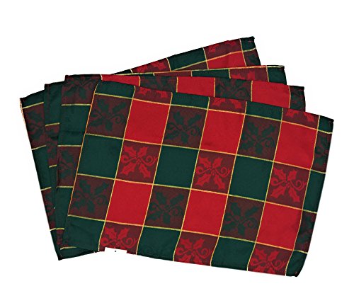 Fennco Styles Royal de Noël Collection Classic Plaid Jacquard 14 x 20 Inch Table Placemats, Set of 4 – Red Green Table Mats for Christmas Banquets, Family Gathering, Special Events and Home Décor