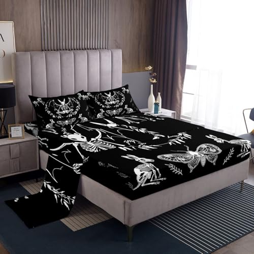 Gothic Skull Bedding Set Death Moth Bed Sheet Set Bat Rabbit Animal Skeleton Halloween Fitted Sheet For Kids Boys Girls Butterfly Weed Floral Bed Cover Black White Bedroom Decor Queen Size 4Pcs